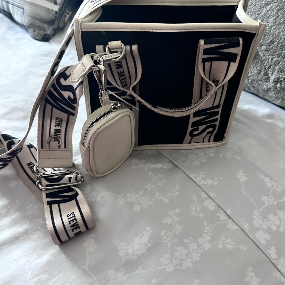 Steve Madden Black and Cream Logo Crossbody